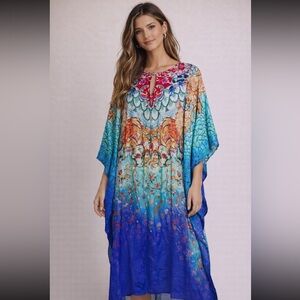 Gottex Women's Kaftan Dress Multicolor Medium Floral Print Bohemian Keyhole Neck